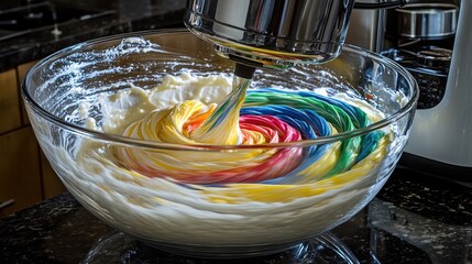 Mixing bowl swirl glass electric mixer rainbow colored batter dynamic motion vibrant spiral patterns kitchen action food preparation photography