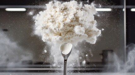 Flour cloud burst dynamic powder explosion captured mid-air as measuring spoon releases white flour particles creating spectacular organic cloud formation in modern kitchen