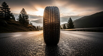 Wet car tire on road with white line. Concept of safe driving tires. Night road and mountain scenery.