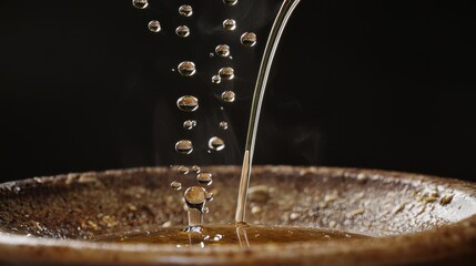 Oil droplets fly forming perfect spheres as liquid pours into ceramic bowl capturing culinary motion with dramatic lighting effects