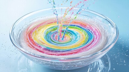 Mixing bowl swirl rainbow colored batter transparent glass dynamic motion splashing droplets vibrant spiral patterns food coloring kitchen action photography