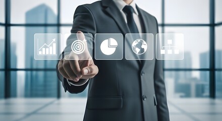 Professional businessman touching futuristic interface for data analytics and global business solutions in modern office setting