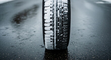 Car tire with snow on icy road on cold winter day. Winter driving concept with vehicle wheel on frozen surface footage.