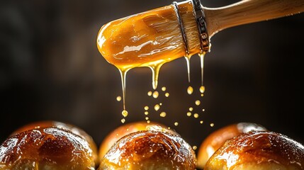 Pastry brush glaze suspended mid-air golden streams droplets egg wash baked rolls culinary motion photography dramatic lighting professional kitchen technique