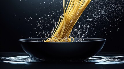 Noodles dropping bowl long pasta falling into modern black bowl dynamic water splash motion capture dramatic lighting minimalist composition