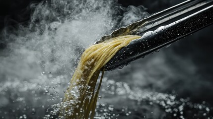 Metal tongs grip fresh pasta strands lifted from boiling water with dramatic steam clouds kitchen motion photography capturing precision