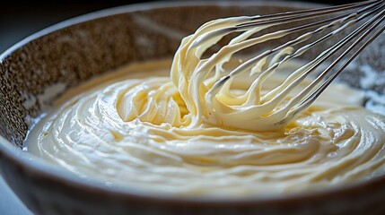 Mixing bowl swirl whisk cream butter peaks spiral formations dramatic motion frozen moment culinary preparation kitchen action high-speed photography