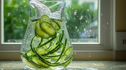 Cucumber water splash fresh infused beverage in glass carafe with slices tumbling through liquid turbulent water motion transparent container swirling pieces suspended