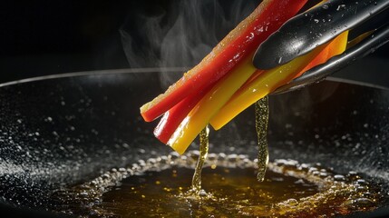 Metal tongs grip lifting colorful bell pepper strips oil droplets dripping dynamic culinary scene cooking action food preparation motion photography