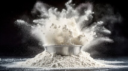 Flour cloud burst mid-air explosion white flour from measuring cup creating dramatic powder clouds individual granules dark kitchen background patterns