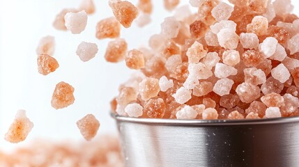 Salt cascading motion pink Himalayan granules tumbling through air from stainless steel bowl mid-motion crystals sharply defined clean white background organic flowing patterns