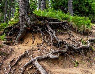 Exposed tree roots on a hillside, showing soil erosion in a forest