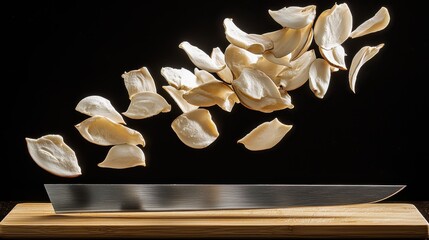 Mushroom slicing thin white mushroom pieces frozen in motion falling above bamboo cutting board with stainless steel chef knife blade