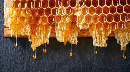 Honey drizzling flow multiple streams wooden comb frame golden viscous liquid forming intricate pattern dark background ingredient movement