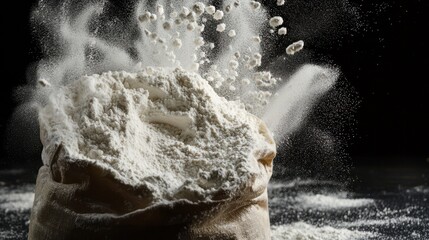 Flour cloud burst burlap sack creating explosive white powder cloud scattered particles dynamic kitchen action frozen in time