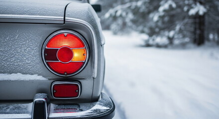 Car with brake light on a snowy road in a winter forest, cold weather travel and holiday season concept footage.