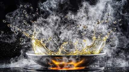 Oil droplets fly bursting upward from heated pan creating dramatic splash pattern with golden liquid catching light against dark background with steam