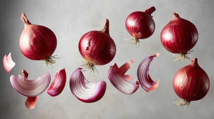 Onion falling motion whole red onions dropping vertically through frame with papery skins creating flowing movement neutral backdrop different heights various stages