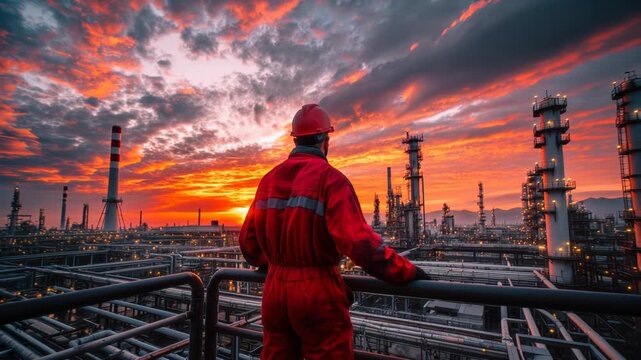 Industrial engineer wearing red protective uniform and helmet standing on a metal platform overlooking a large oil refinery at sunset, concept of energy production, industrial technology and engineeri