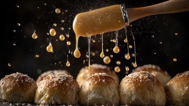 Pastry brush glaze dripping golden egg wash frozen motion droplets falling dinner rolls dynamic culinary photography dramatic lighting professional kitchen action