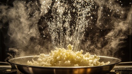 Oil splash freeze frame vegetable liquid bursting upward from stainless skillet as diced vegetables impact surface creating frozen motion dynamics