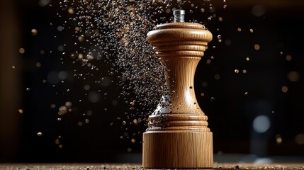 Pepper grinding motion wooden mill explosive burst black peppercorns flying dramatic kitchen photography dark background side lighting