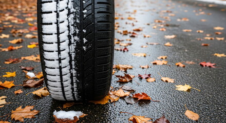 Car tire with snow and autumn leaves. Winter season coming soon concept. Weather changing from fall to cold.