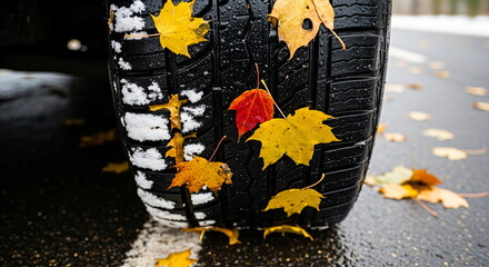Car tire with snow and autumn leaves. Winter season coming soon concept. Weather changing from fall to cold.