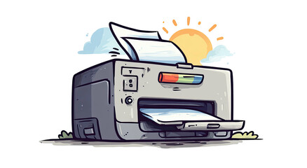 Cartoonish illustration of a printer with sun and clouds