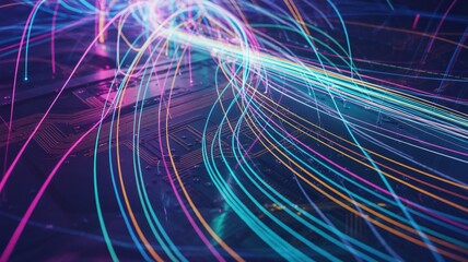 Fototapeta premium Vibrant light trails illuminate futuristic circuit board, representing data flow