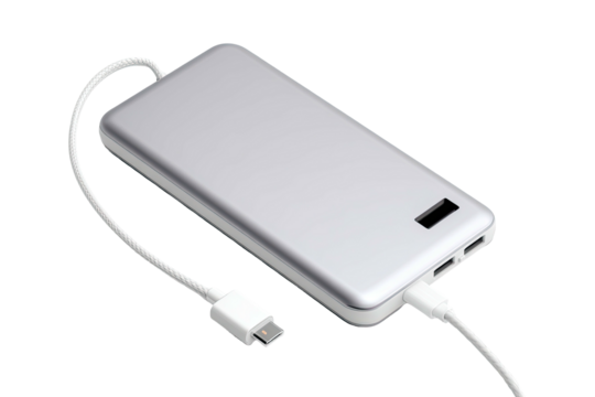 Portable power bank, sleek silver design