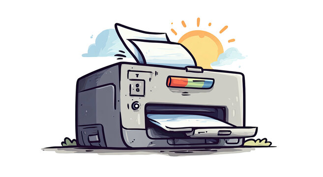 Cartoonish illustration of a printer with sun and clouds
