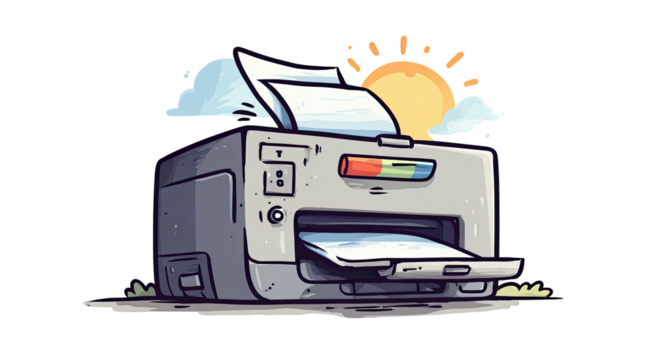 Cartoonish illustration of a printer with sun and clouds