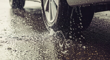 Car driving on a wet road during heavy rain, water splashing from the wheel. Danger on slippery highway, bad weather driving