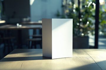  A folded flyer mockup standing upright on a sleek wooden surface, blank and ready for customization with soft natural lighting. Generative AI
