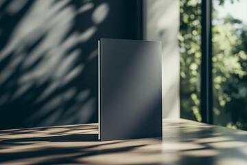  A folded flyer mockup standing upright on a sleek wooden surface, blank and ready for customization with soft natural lighting. Generative AI