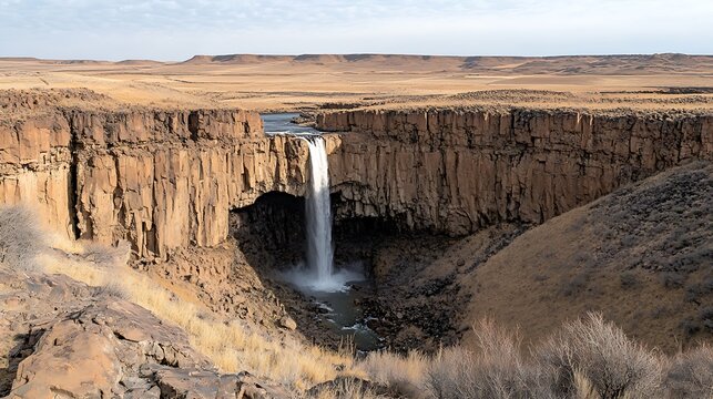 A stunning view of palouse falls waterfall cascading over basalt cliffs into a pool below, surrounded by arid landscape in washington, usa