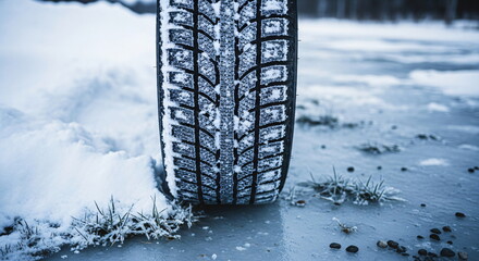Car tire with snow on icy road on cold winter day. Winter driving concept with vehicle wheel on frozen surface footage.