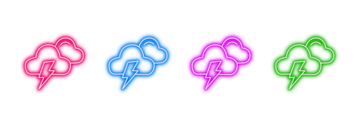 Neon glowing storm cloud with lightning bolt vector icons set, weather, forecast, electricity, thunder, warning, vibrant colorful digital design illustration on transparent background.