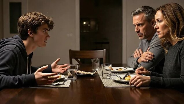 Teenage Son Arguing with Parents at Dinner Table, Family Conflict and Communication Issues.