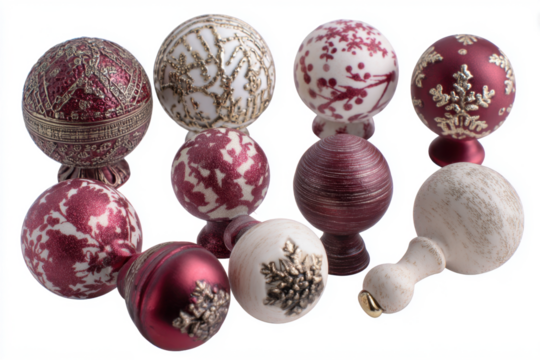 Collection of decorative curtain rod finials various designs and colors isolated on white background