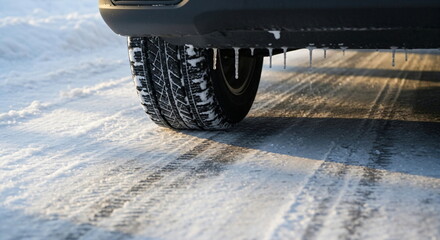 Car tire with winter tread on a slippery icy road. Safety in cold weather driving and risk of accident on frozen surface. Changing to winter tires, changing the year.