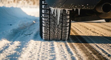 Car wheel with snow on a winter tire driving on a slippery road at night. Dangerous driving condition concept footage