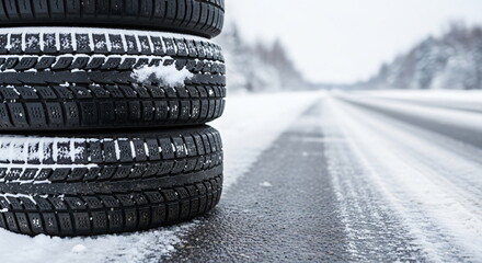Car tire with winter tread on a slippery icy road. Safety in cold weather driving and risk of accident on frozen surface. Changing to winter tires, changing the year.