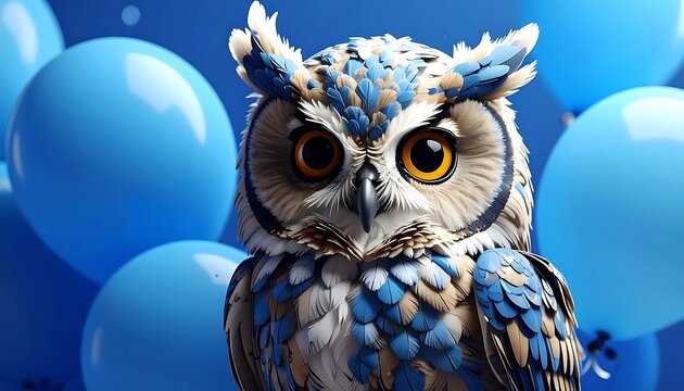 A whimsical, detailed owl illustration against a backdrop of blue balloons
