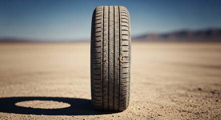 Car tire standing upright in a barren desert landscape, casting a shadow on the dry ground. Concept of desert travel and harsh conditions.