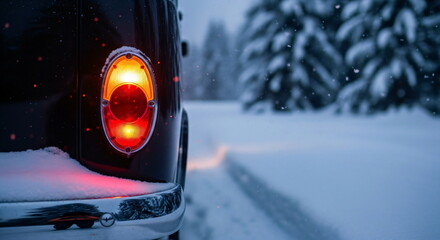 Car with brake light on a snowy road in a winter forest, cold weather travel and holiday season concept footage.