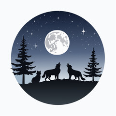 Wolves howling at moon in forest night scene