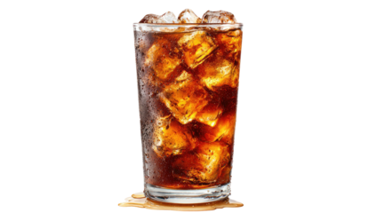 A tall glass of dark brown soda with ice cubes