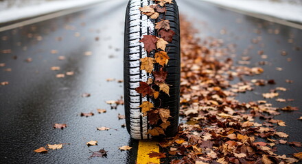 A car tire standing on a wet road with colorful autumn leaves. Safety car driving concept on a rainy fall day footage.